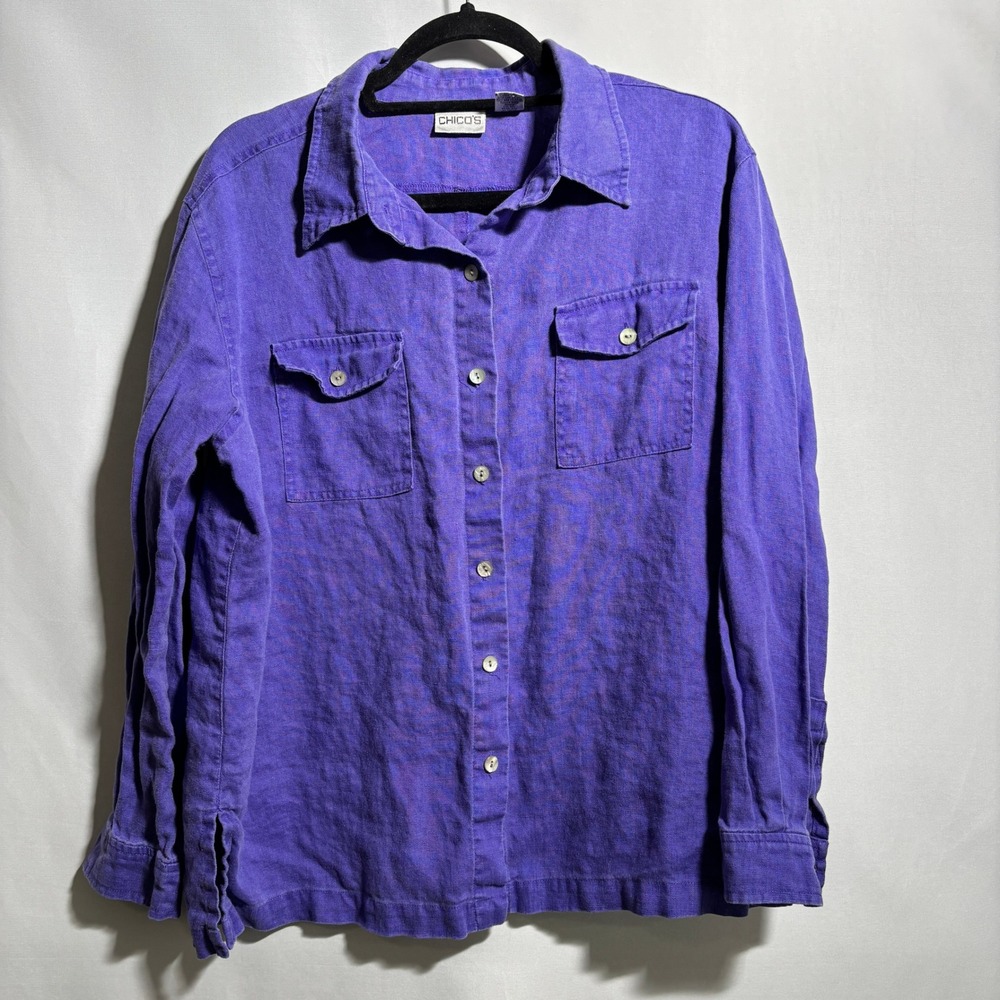 VTG 90s Chicos Purple Linen Button Up Top Long‎ Sleeve Womens L Beach Lagenlook